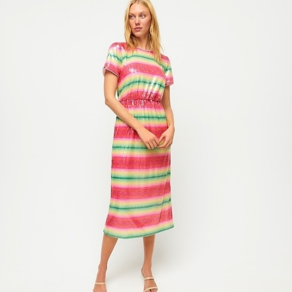 J.Crew‎ Short-Sleeve Sequin Dress in Watermelon Stripe Size 2